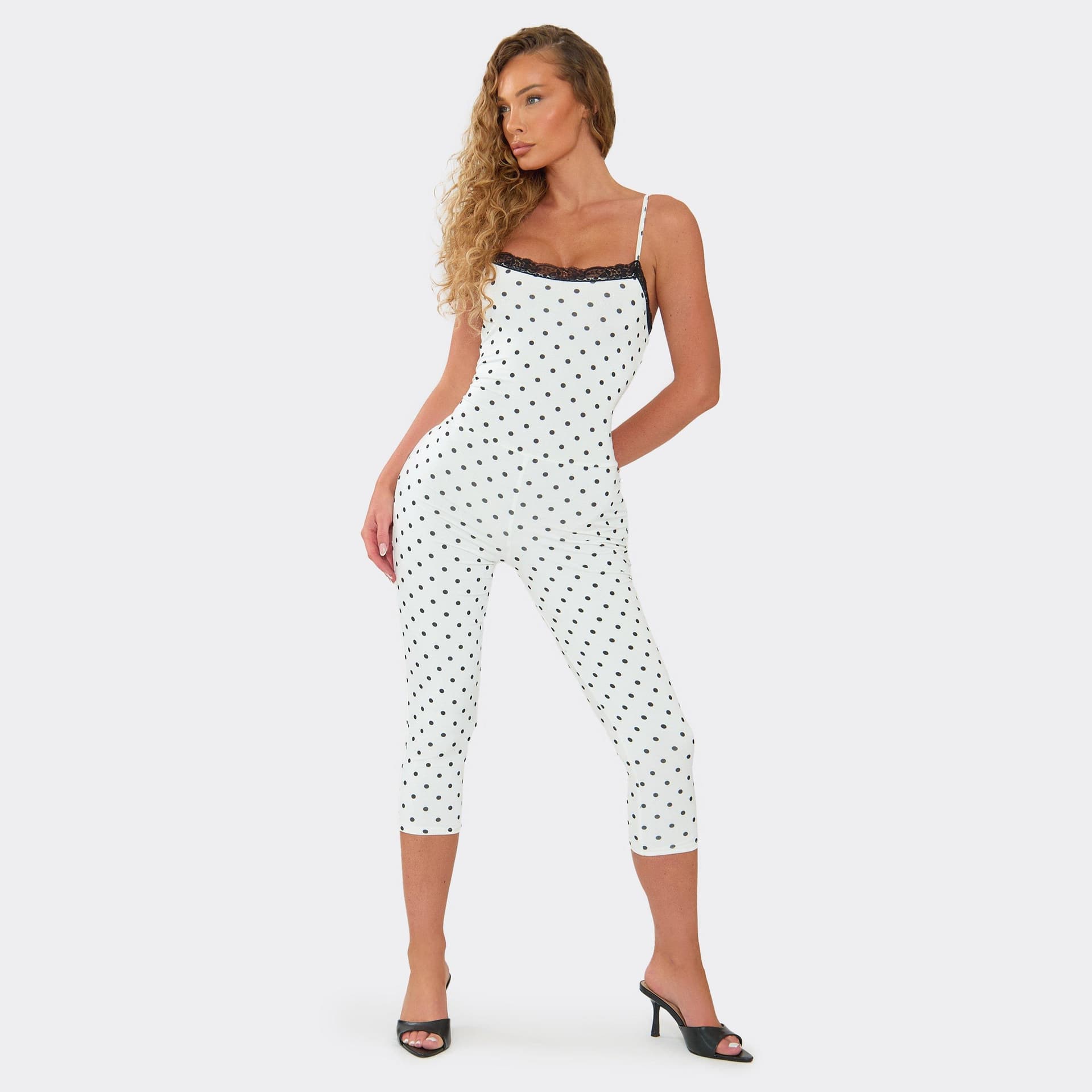EGO Strappy Lace Trim Detail Capri Jumpsuit In White Polka Dot, Women's Size UK 6