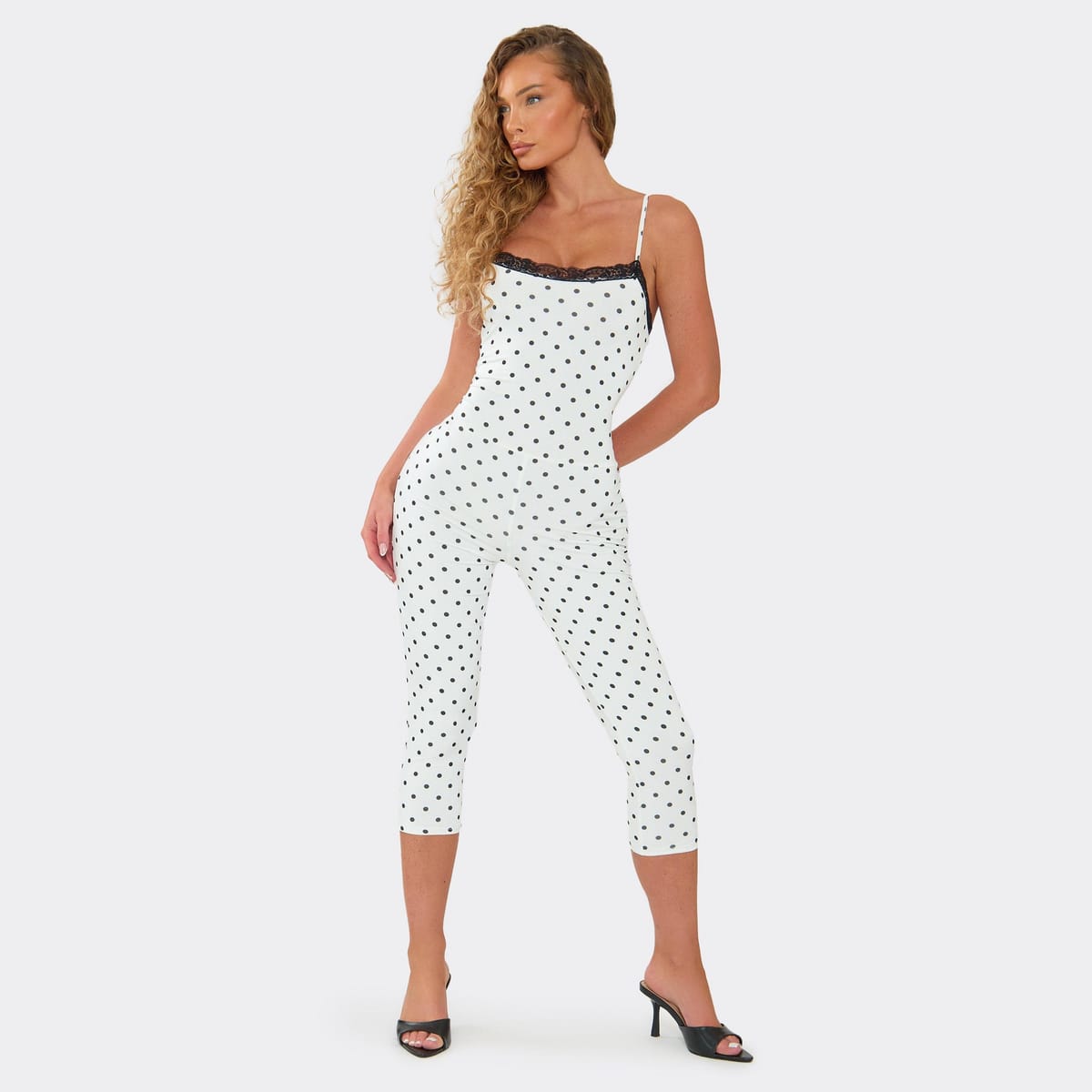 EGO Strappy Lace Trim Detail Capri Jumpsuit In White Polka Dot, Women's Size UK 6 - 1
