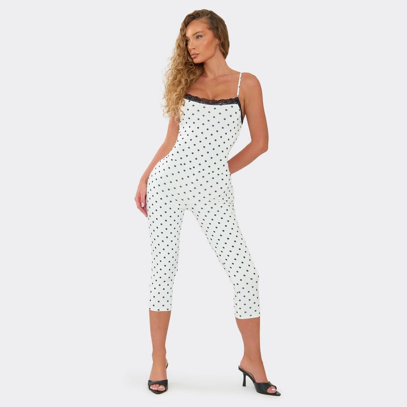 EGO Strappy Lace Trim Detail Capri Jumpsuit In White Polka Dot, Women's Size UK 6 - 1