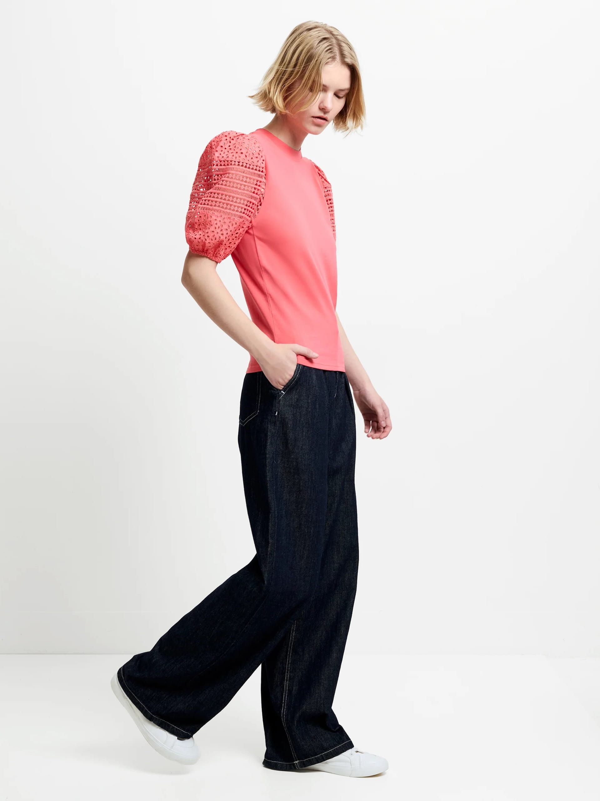 French Connection Raspberry Pink Crochet Lace Puff Sleeve Top