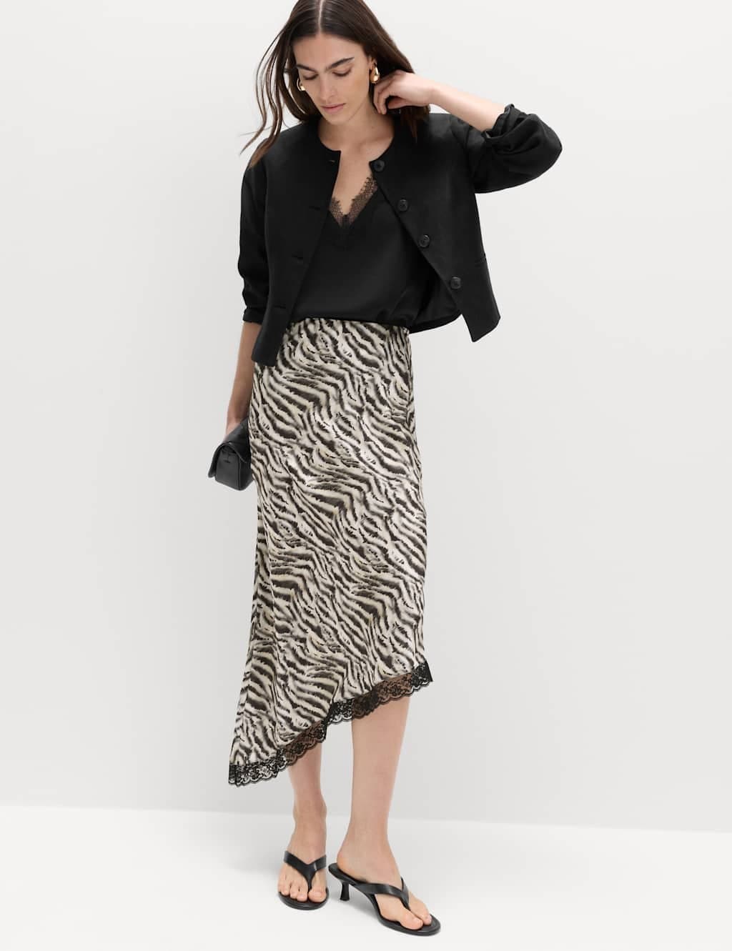 Marks & Spencer M&S Zebra Print Lace Hem Asymmetric Midi Skirt Black Mix