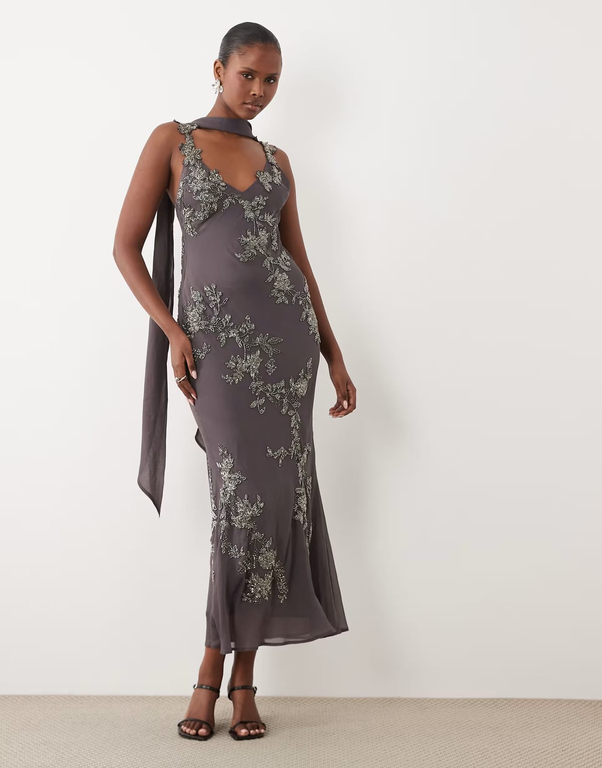 ASOS ASOS DESIGN floral embellished cami maxi dress with scarf in charcoal grey - 1