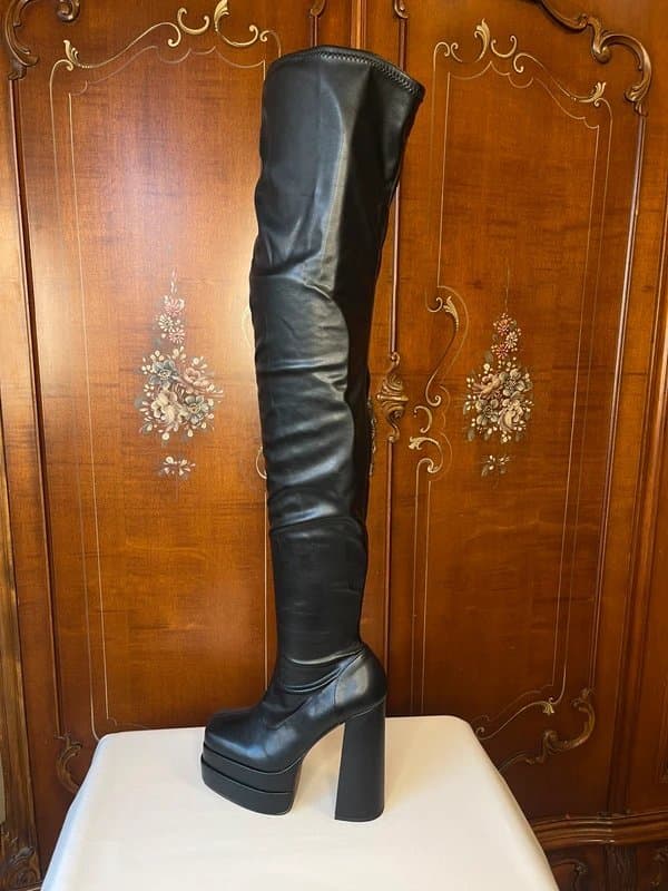 ASOS Y2K Black Faux Leather Over The Knee Platform Boots | Chunky Block Heel Square Toe