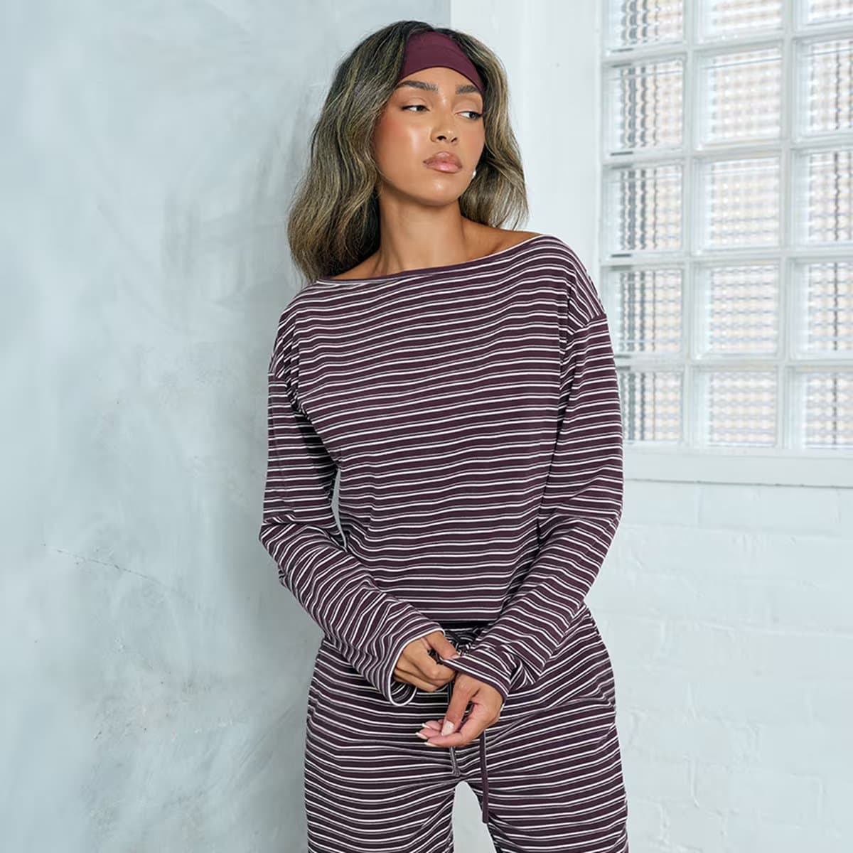 EGO Long Sleeve Slouchy T-Shirt In Soft Plum Stripe, Women's Size UK 6