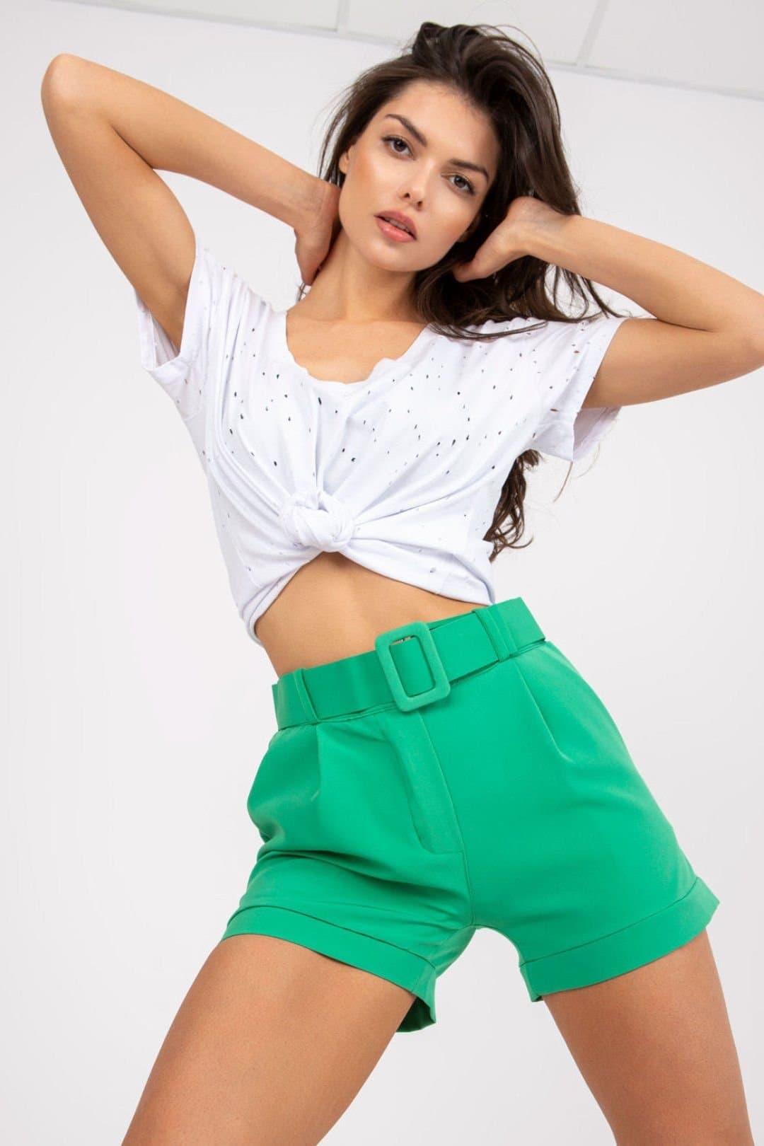 Love Lace Love Lace Women's Elegant Zip Button Shorts with Matching Belt Style 166318 in Green