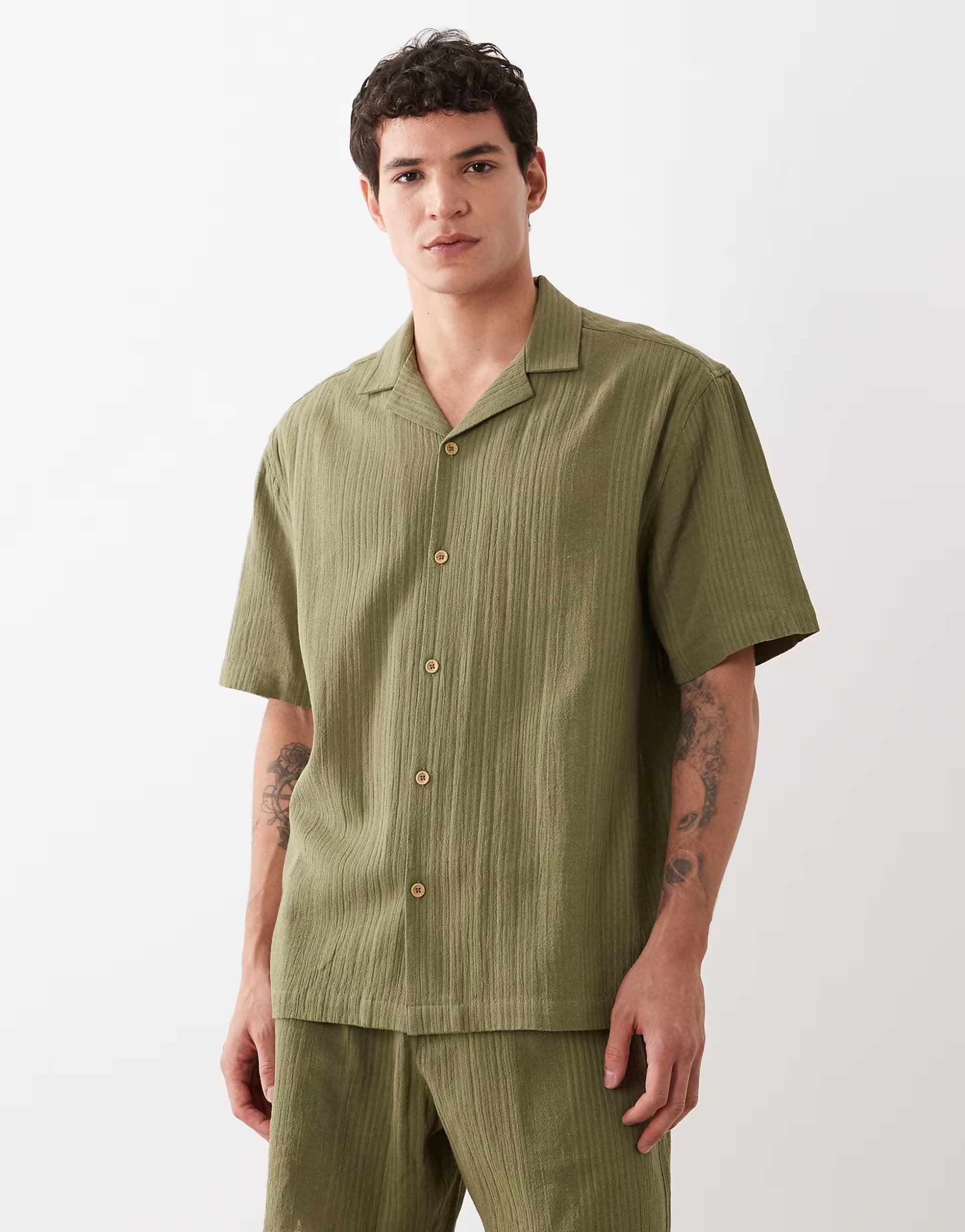 ASOS ASOS DESIGN co-ord relaxed revere shirt with stripe jacquard in khaki