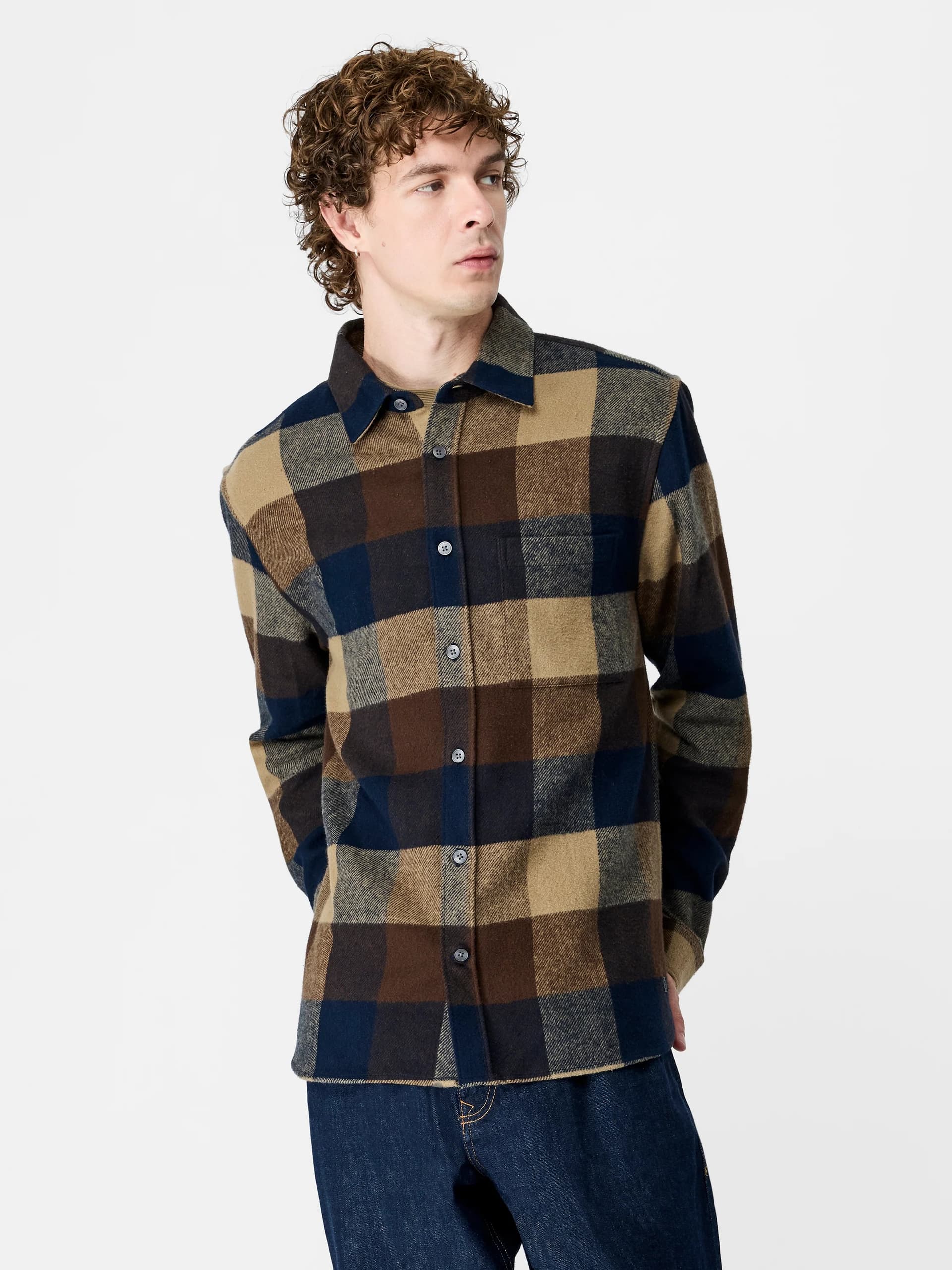 French Connection Brown Large Check Flannel Overshirt Coffee Brown/Navy/Sand