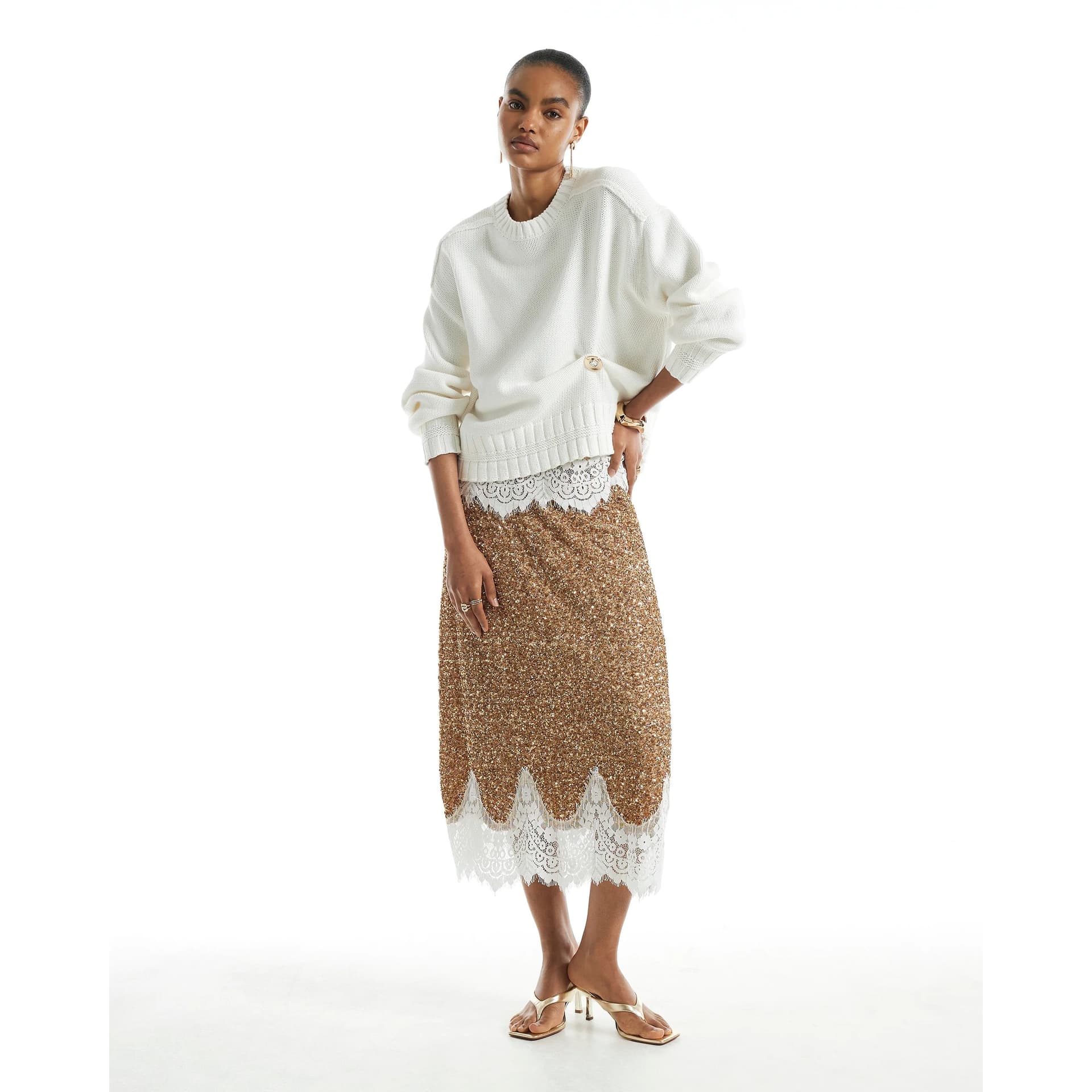 River Island River Island Womens Gold Sequin Lace Trim Maxi Skirt