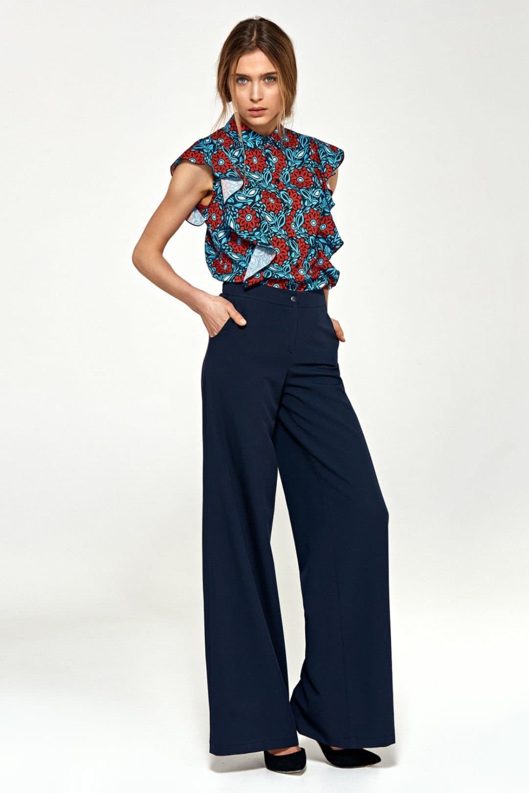 Love Lace Love Lace Navy Blue Flared Palazzo Trousers with Pockets
