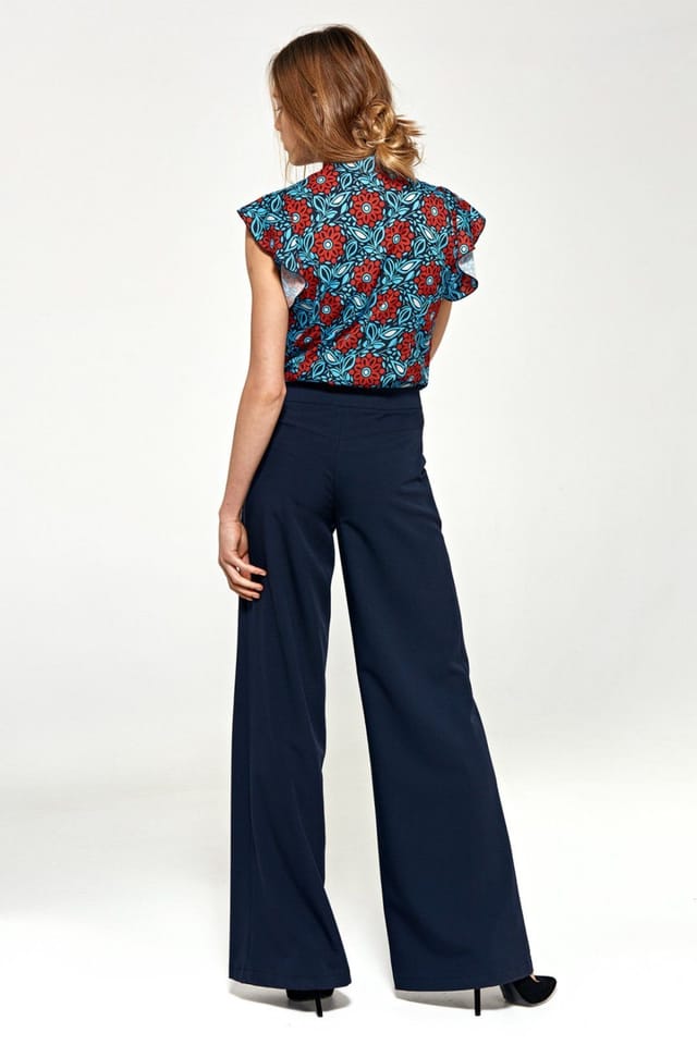 Love Lace Love Lace Women's Navy Flared Palazzo Trousers with Pockets in Blue - 3