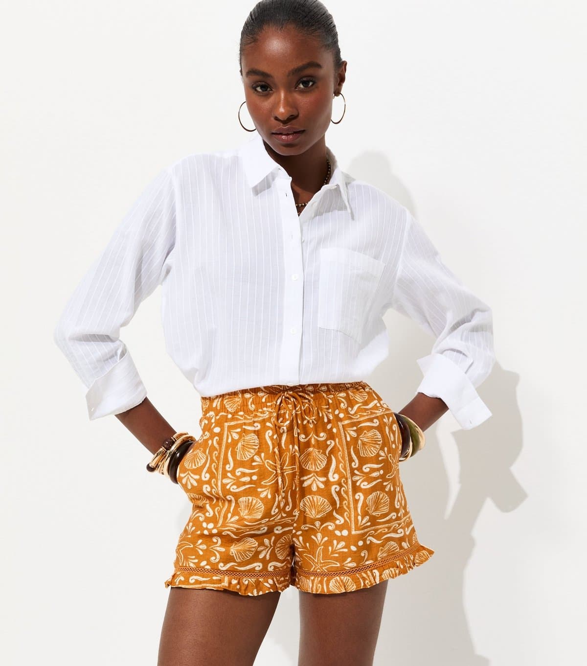 New Look Women's Yellow Shell Print Ruffle Trim Shorts New Look