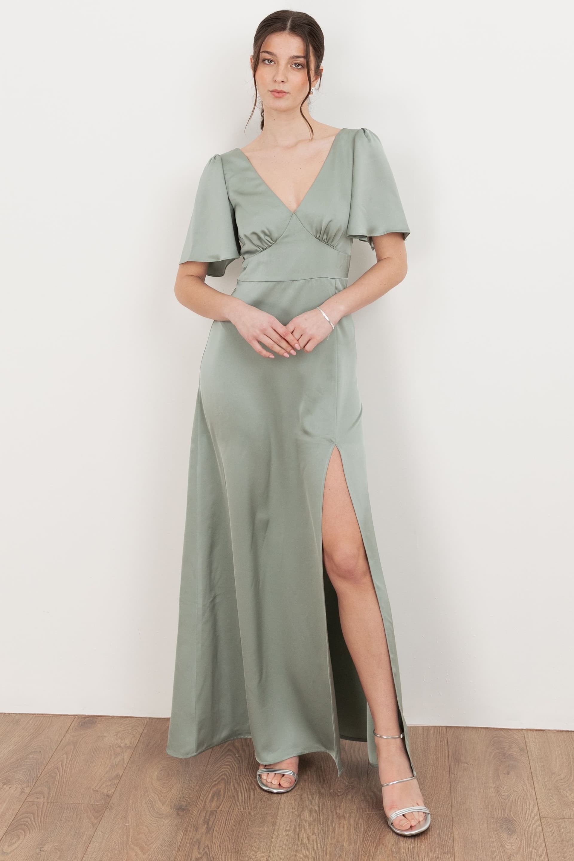 Maya Deluxe Maya Deluxe Women's V Neck Angel Sleeve Satin Maxi Dress in Green