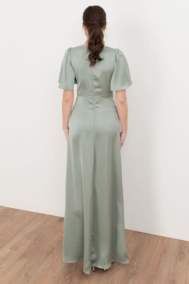 Maya Deluxe Maya Deluxe Women's V Neck Angel Sleeve Satin Maxi Dress in Green - 2