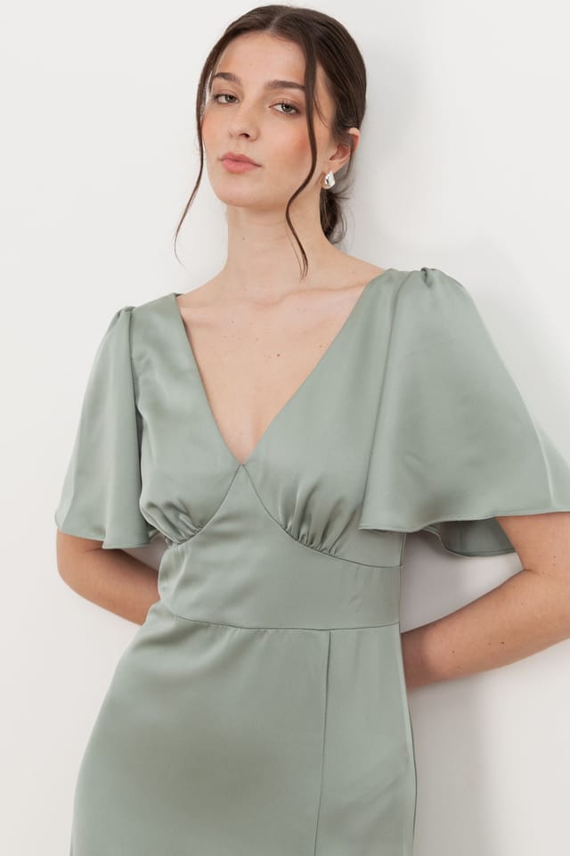 Maya Deluxe Maya Deluxe Women's V Neck Angel Sleeve Satin Maxi Dress in Green - 3