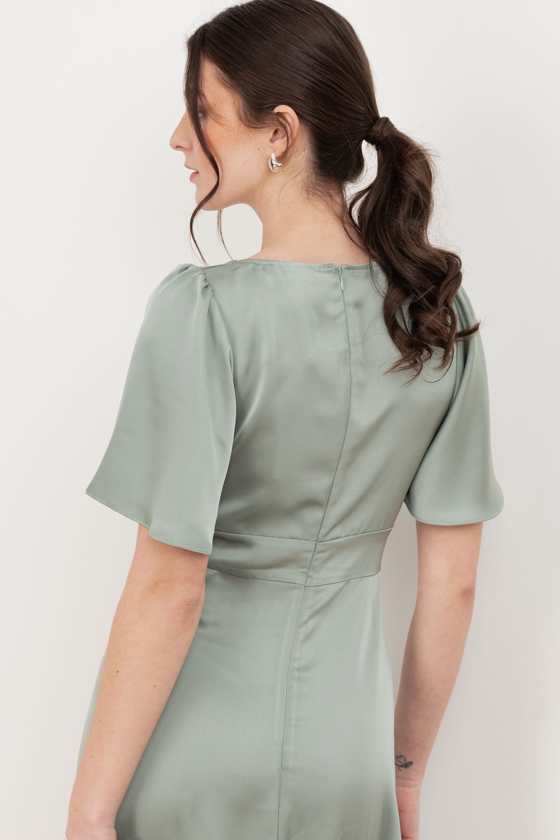 Maya Deluxe Maya Deluxe Women's V Neck Angel Sleeve Satin Maxi Dress in Green - 4