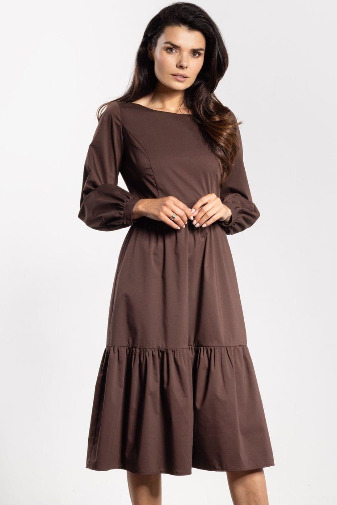 Love Lace Love Lace Women's Elegant Flared Midi Dress with Ruffle Sleeve in Brown