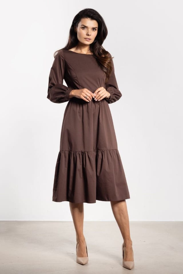 Love Lace Love Lace Women's Elegant Flared Midi Dress with Ruffle Sleeve in Brown - 2