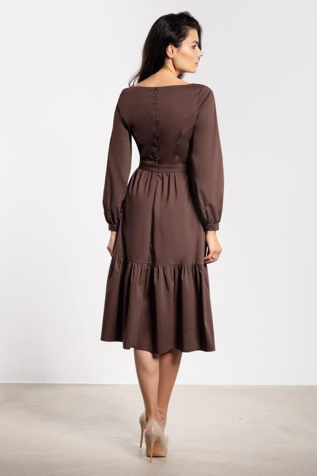 Love Lace Love Lace Women's Elegant Flared Midi Dress with Ruffle Sleeve in Brown - 3