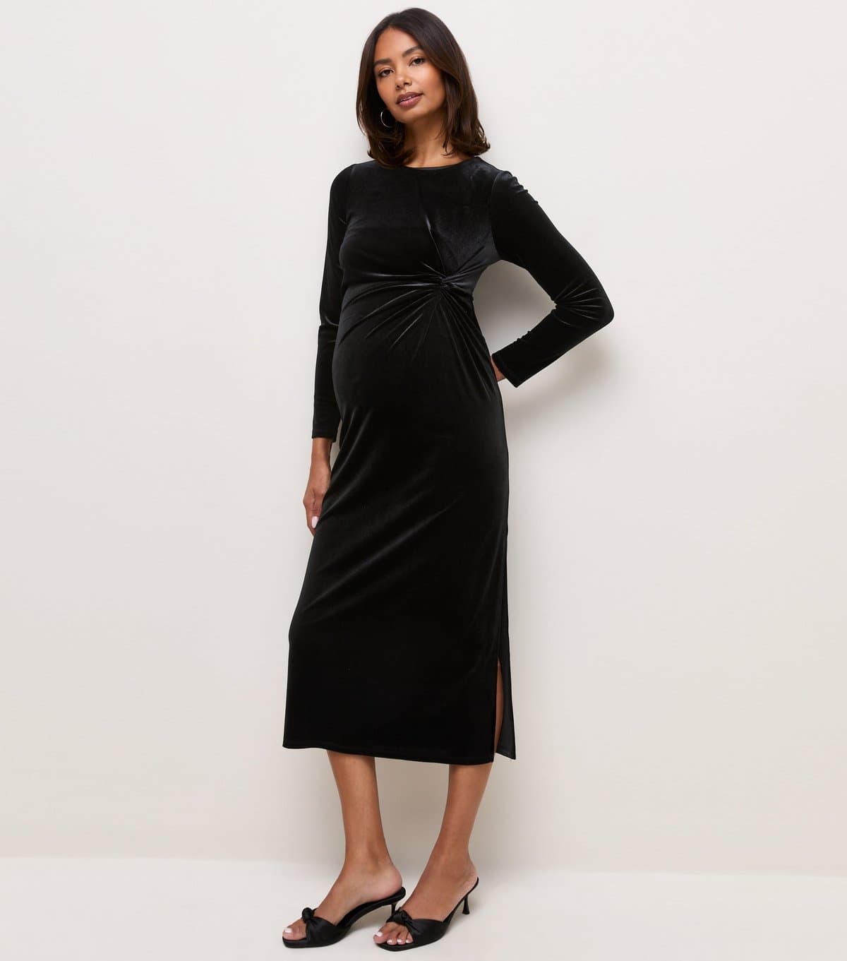 New Look Women's Maternity Black Velvet Knot Front Midi Dress New Look