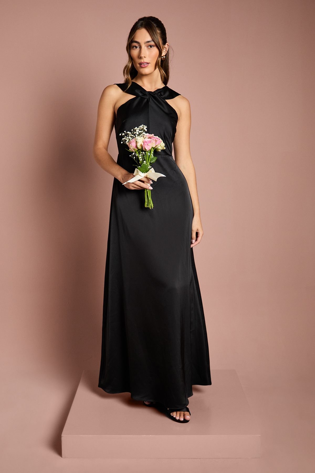 Coast Coast Women's Twisted Halterneck Satin Maxi Bridesmaid Dress in Black - 2