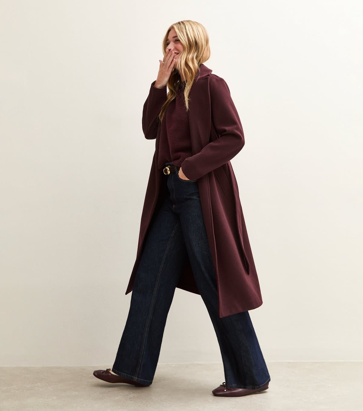 New Look New Look Burgundy Brushed Belted Coat