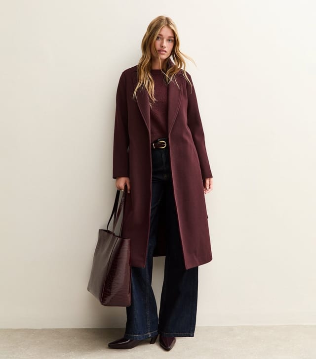 New Look Women's Burgundy Unlined Longline Belted Coat New Look - 2