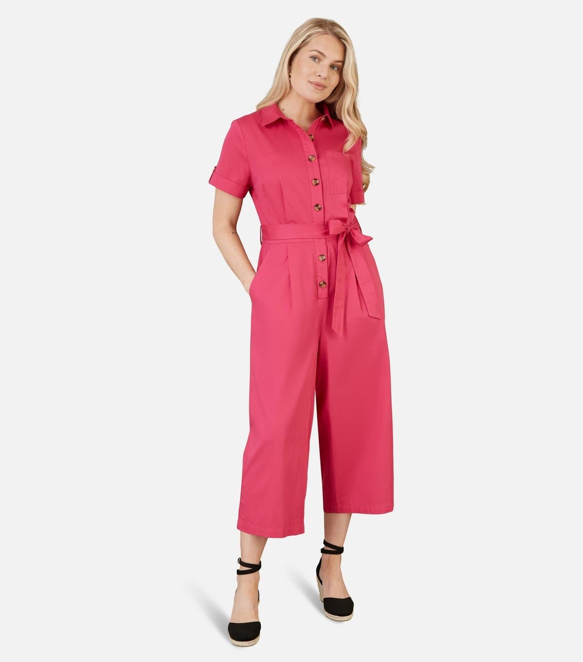 Yumi Women's Pink Twill Cropped Jumpsuit Yumi New Look