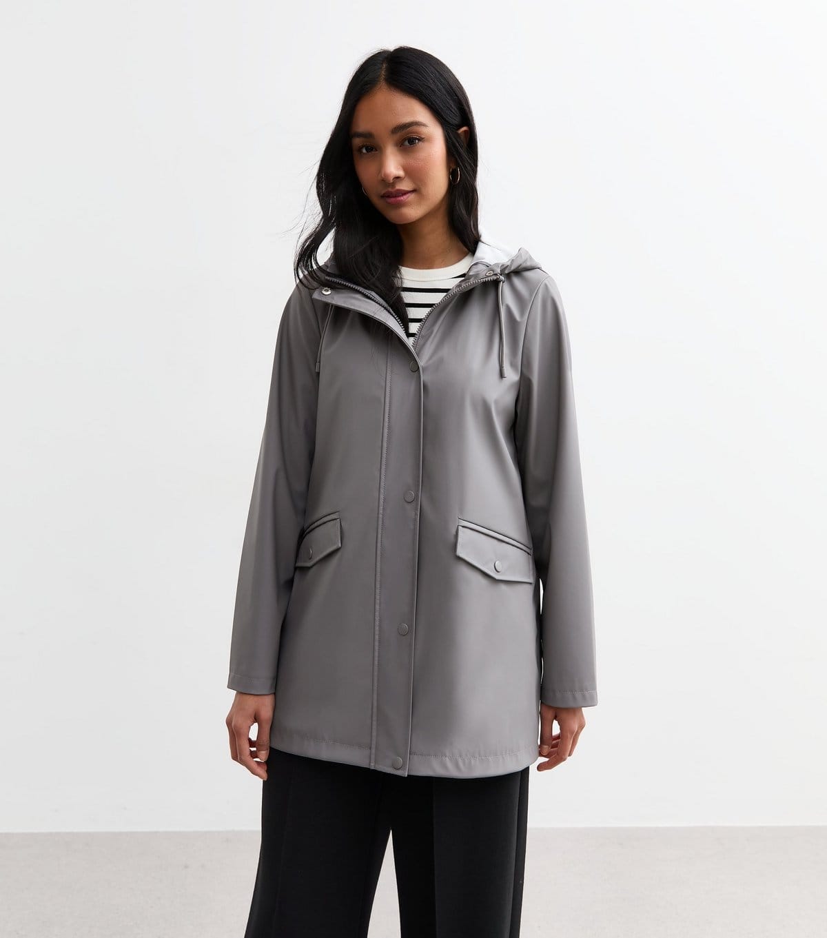 New Look Grey Rain Coat With Drawstring Hood