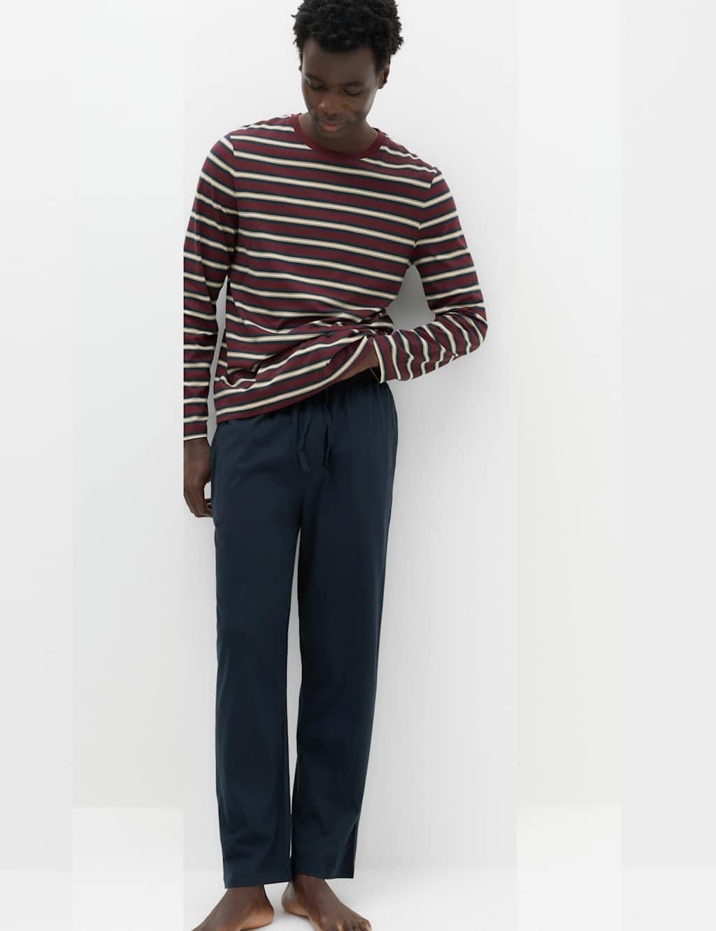 Marks & Spencer M&S Pure Cotton Striped Pyjama Set Burgundy Mix - 1