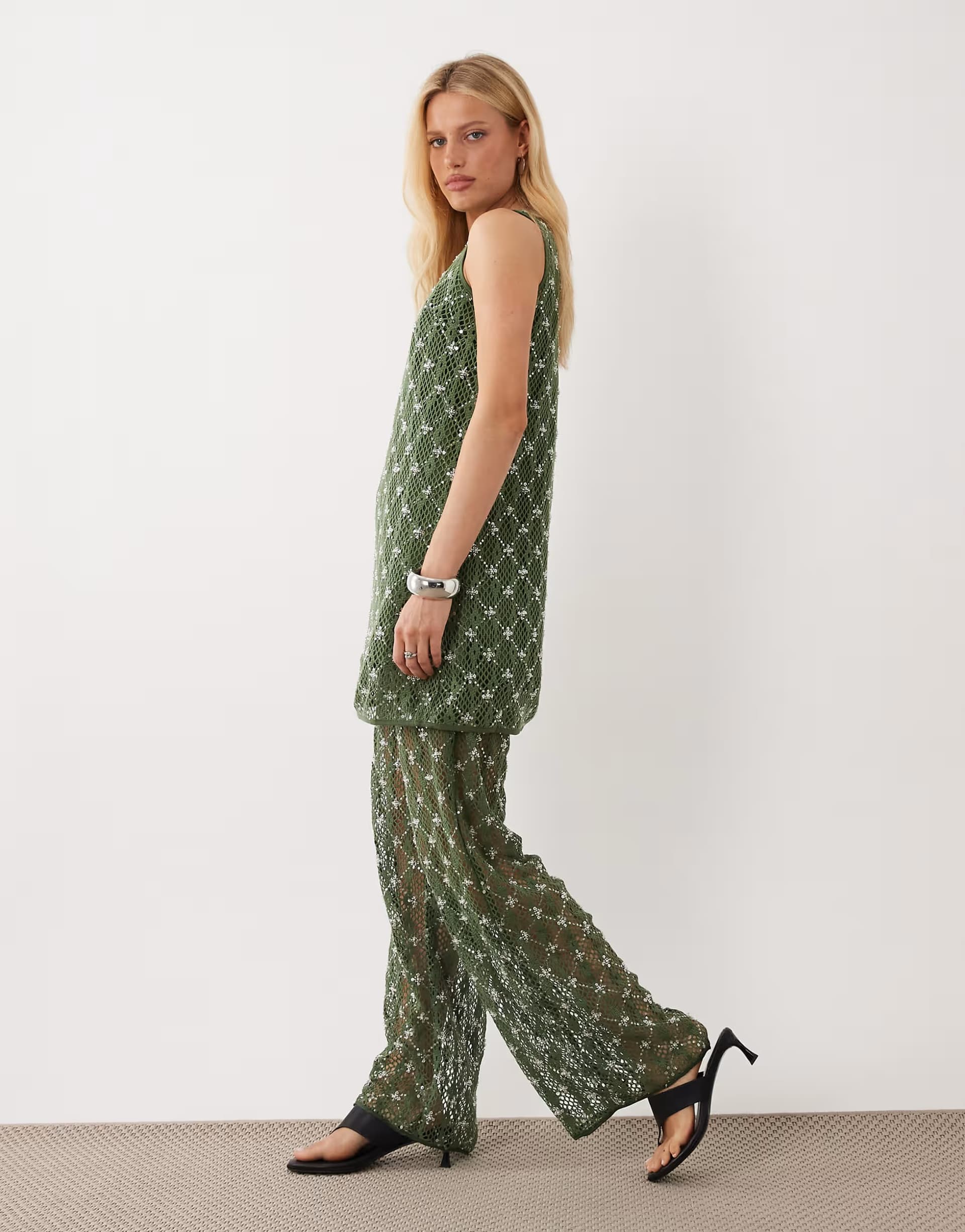 ASOS Ghospell Zuma embellished high rise straight leg trouser co-ord in dark green