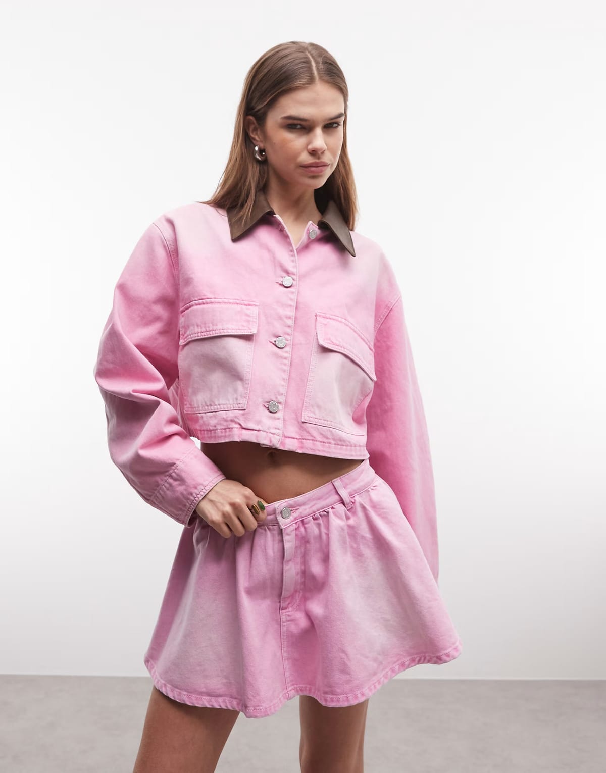 ASOS AFRM Tanner denim cropped utility jacket co-ord in soft pink - 1