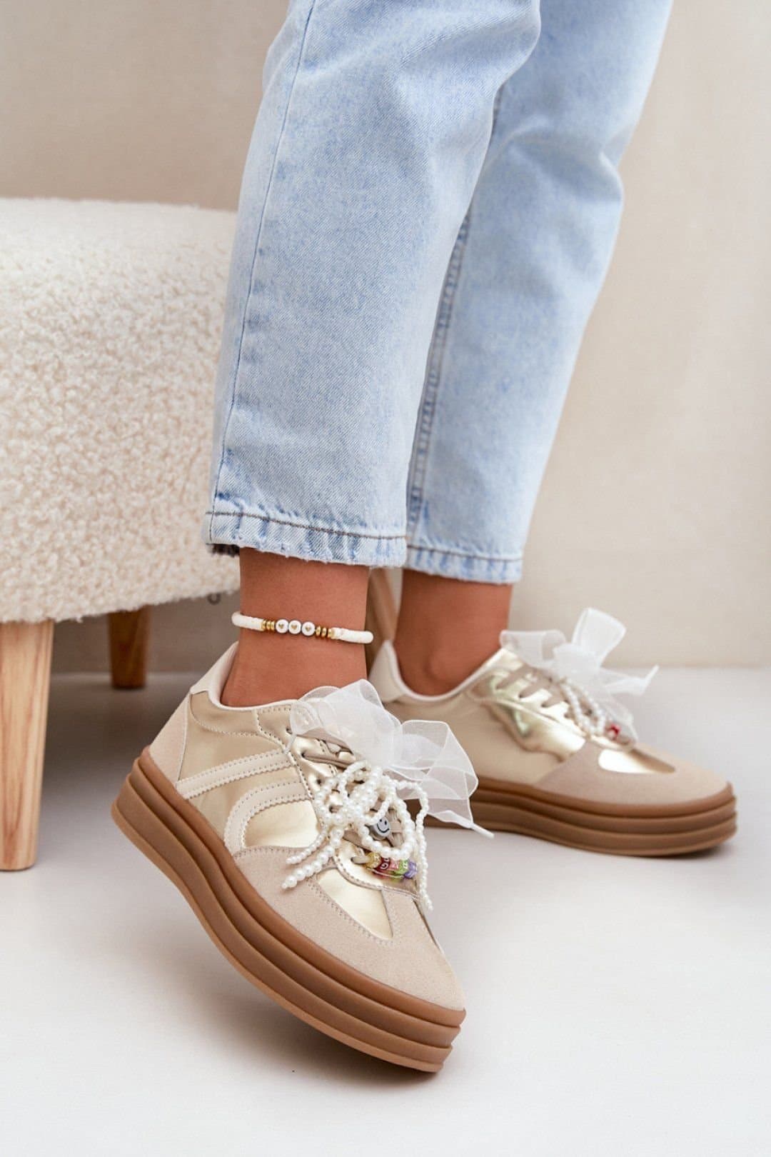 Love Lace Love Lace Women's Stylish Platform Sport Sneakers with Charm Laces Suede Comfort in Beige