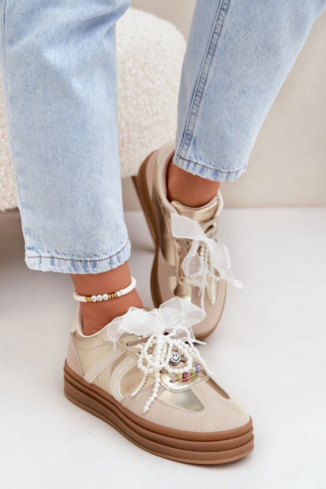 Love Lace Love Lace Women's Stylish Platform Sport Sneakers with Charm Laces Suede Comfort in Beige - 3