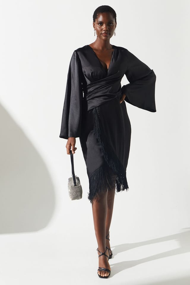Coast Coast Women's Satin Fringe Hem Wrap Waist Midi Dress in Black - 2