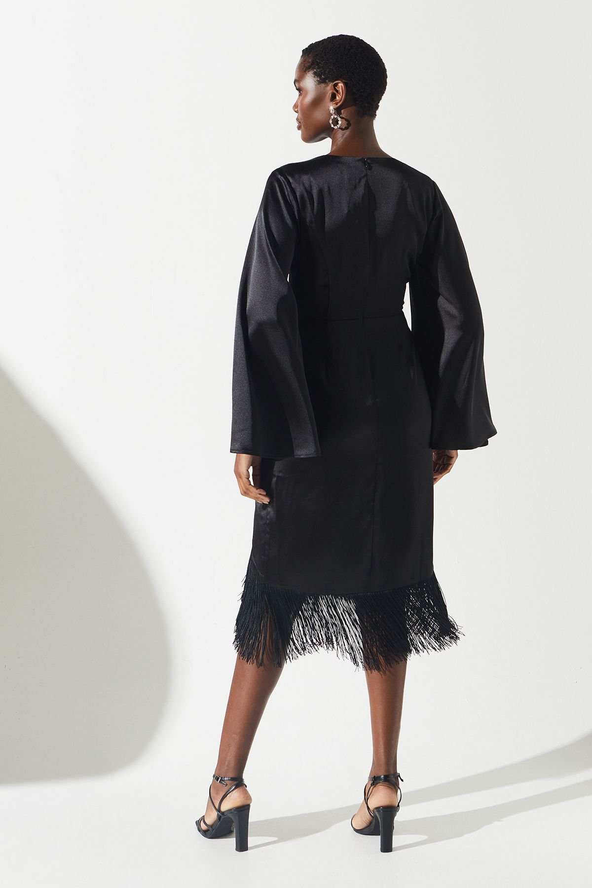 Coast Coast Women's Satin Fringe Hem Wrap Waist Midi Dress in Black - 4