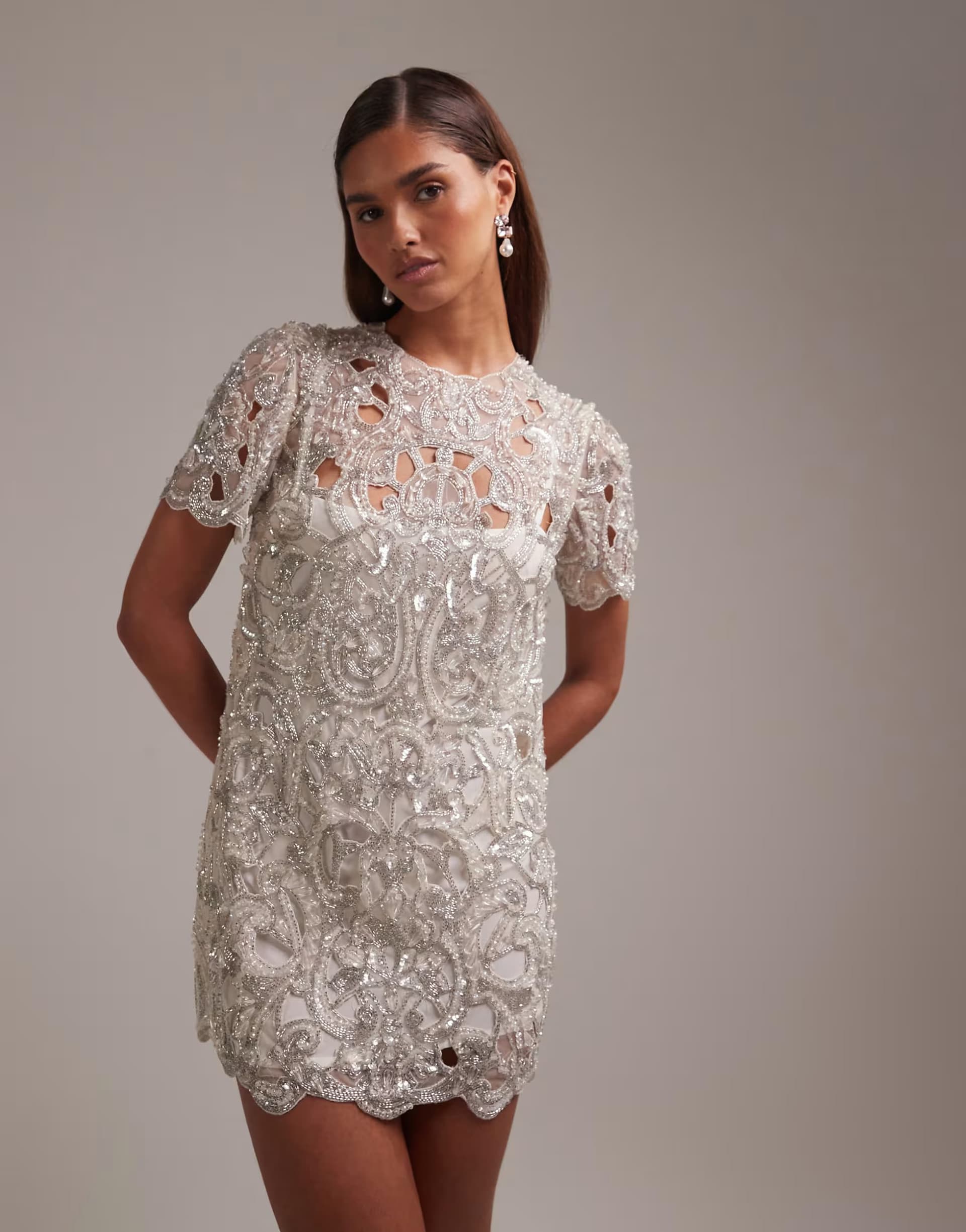 ASOS ASOS DESIGN ornamental embellished shift mini dress with cut work sequins in ivory