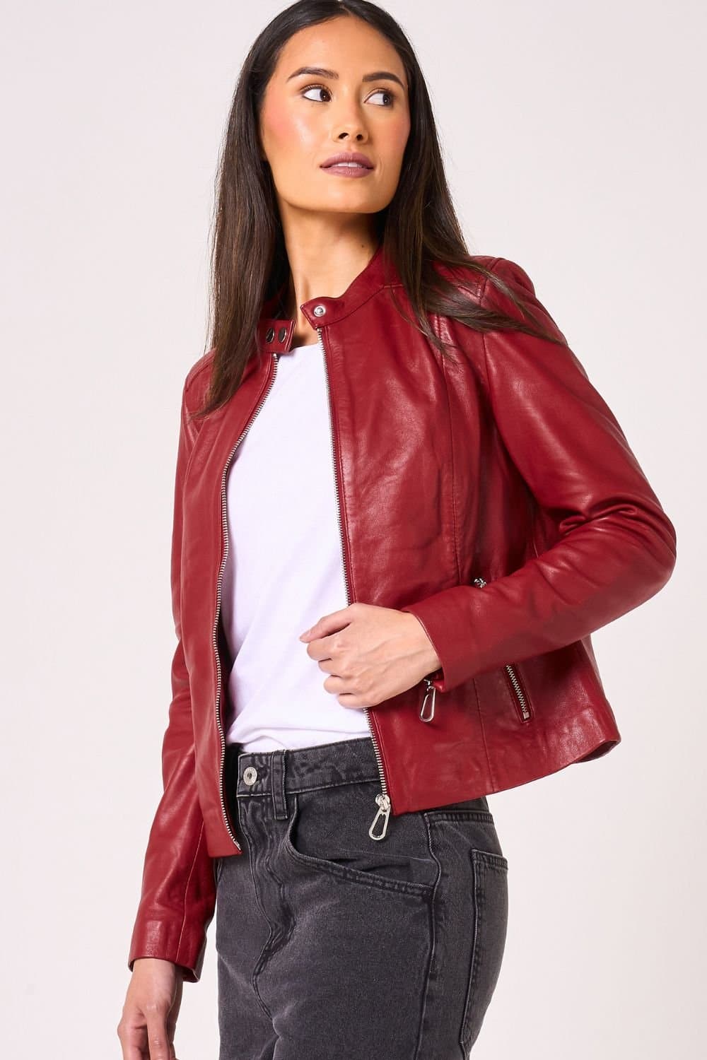 Barneys Originals Barneys Originals Women's Red Leather Racer Jacket