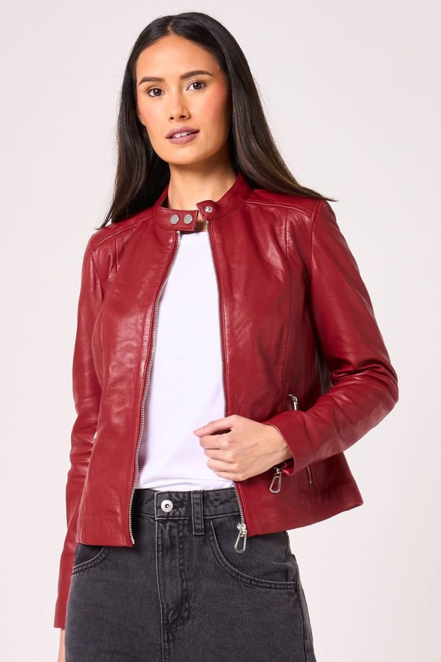 Barneys Originals Barneys Originals Women's Red Leather Racer Jacket - 2