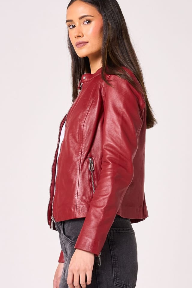 Barneys Originals Barneys Originals Women's Red Leather Racer Jacket - 3