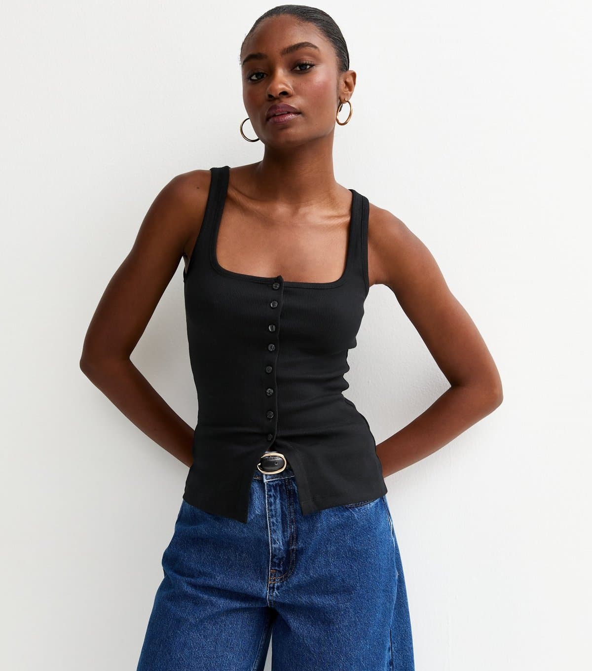 New Look Women's Black Square Neck Neck Button Through Vest New Look