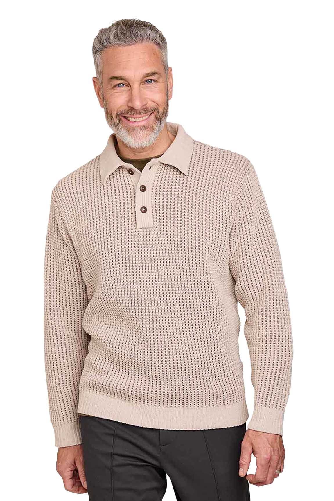 Tootal Tootal Men's Chunky Chenille Knitted Polo Jumper in Ecru