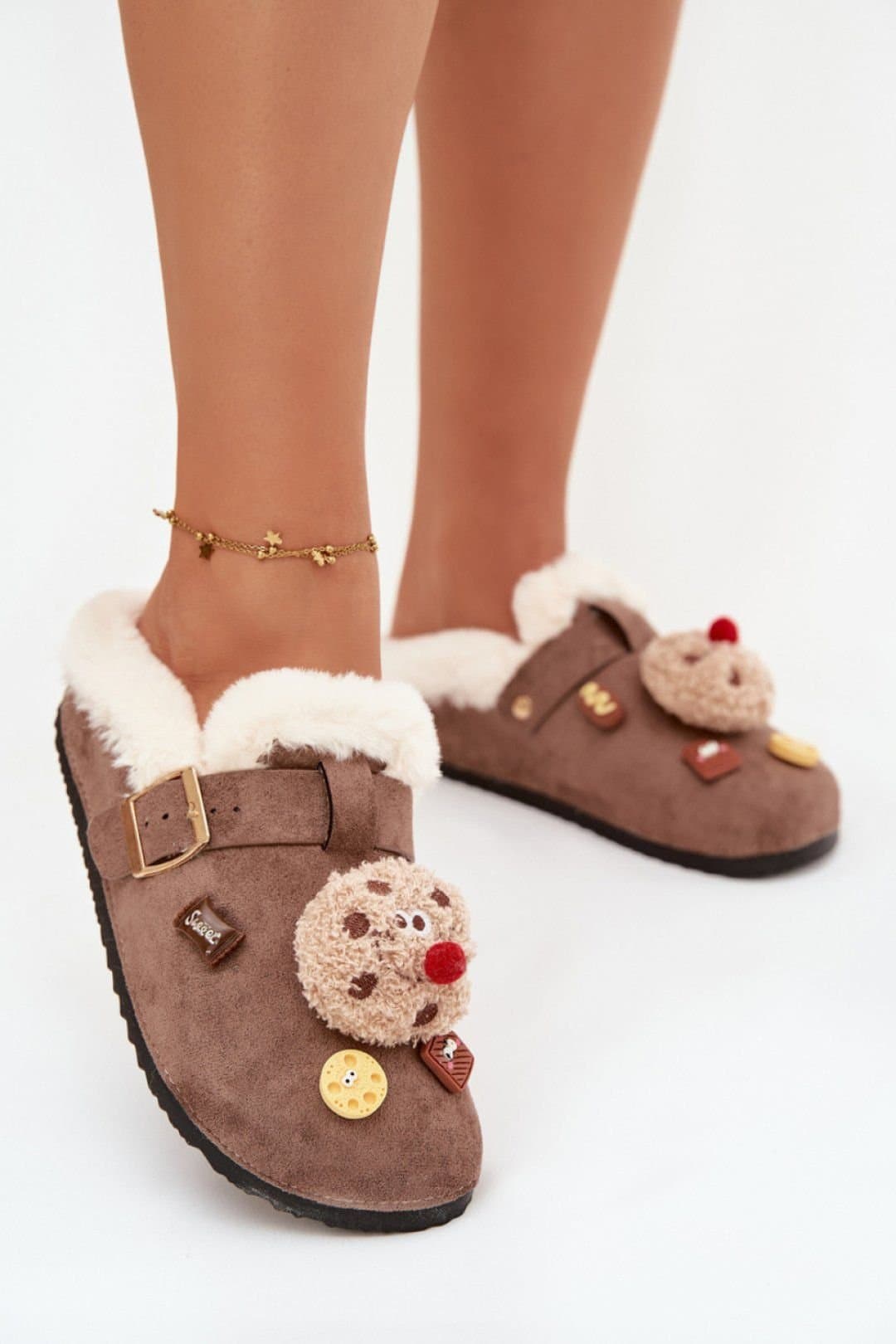 Love Lace Love Lace Women's Cozy Suede Fur Lined Slippers with Buckle Strap Charm in Brown