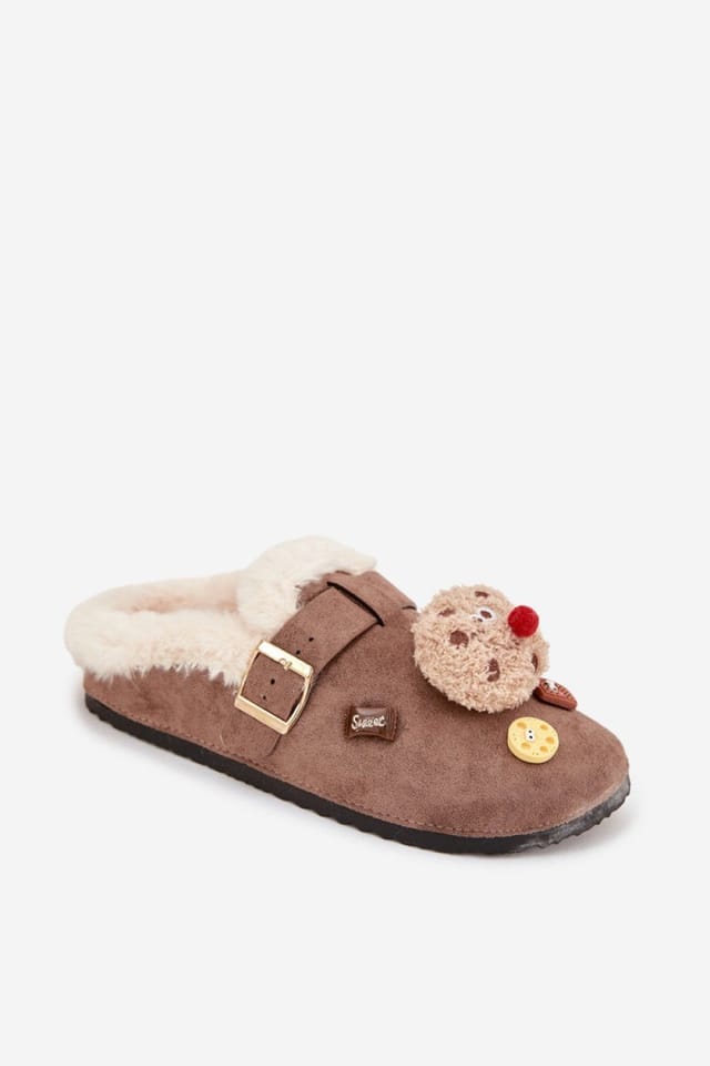Love Lace Love Lace Women's Cozy Suede Fur Lined Slippers with Buckle Strap Charm in Brown - 2