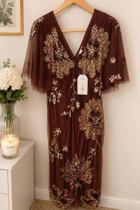 Monsoon Monsoon Brown & Gold Embellished Occasion Dress – BNWT – Size 12