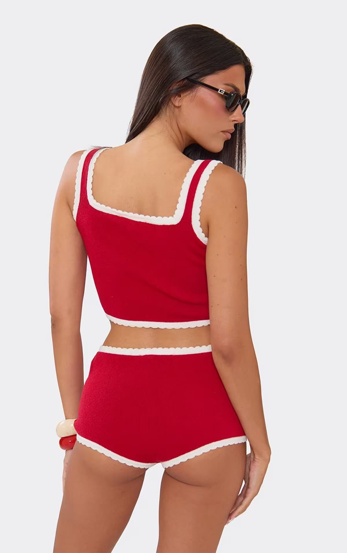 EGO EGO Red Knit Low Rise Scallop Hem Embroidered Shorts