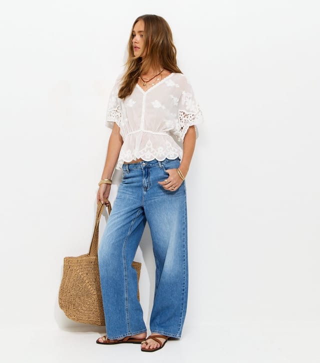 New Look Women's White Semi Sheer Crochet Lace Trim V-Neck Blouse New Look - 3