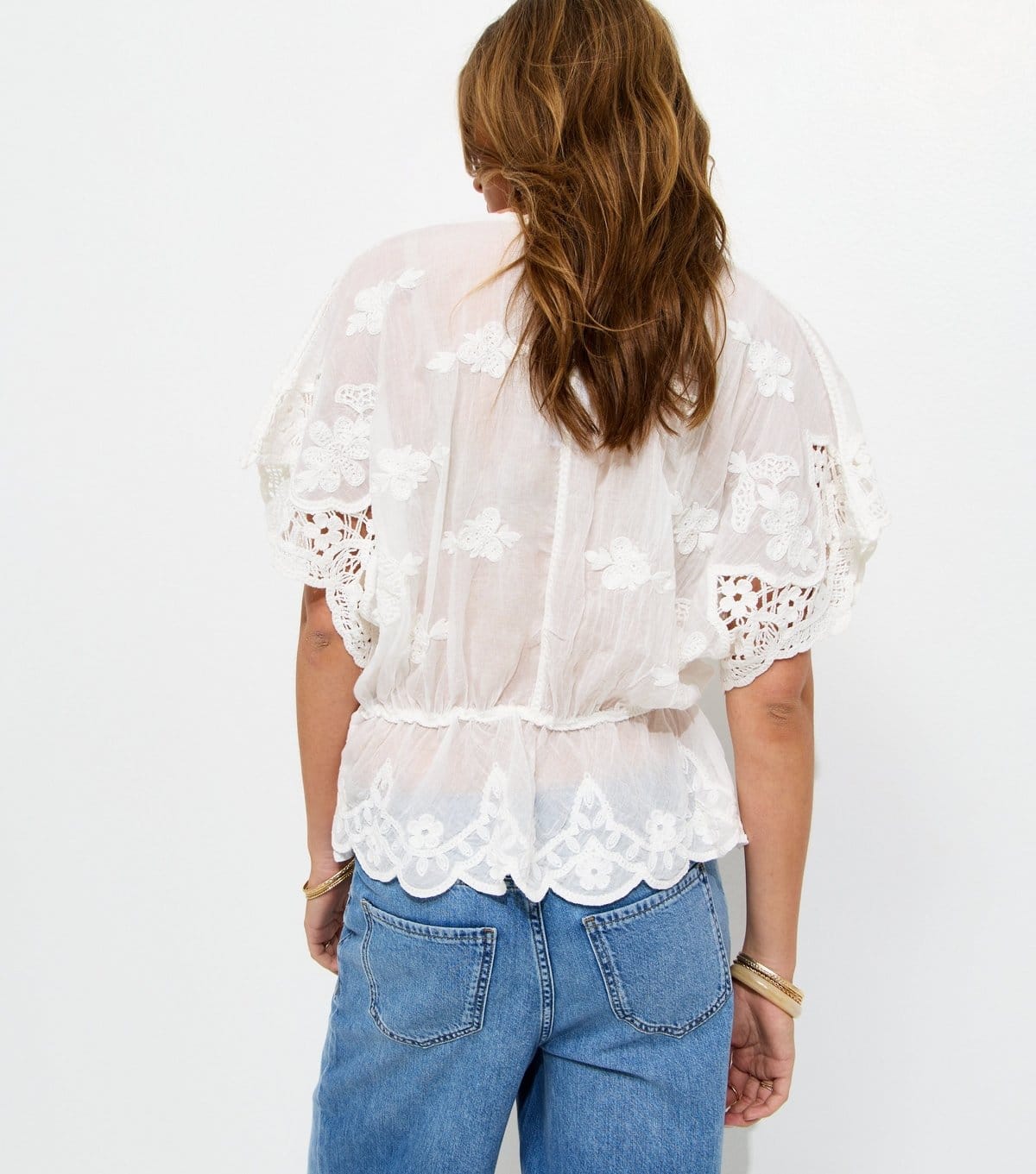 New Look Women's White Semi Sheer Crochet Lace Trim V-Neck Blouse New Look - 4