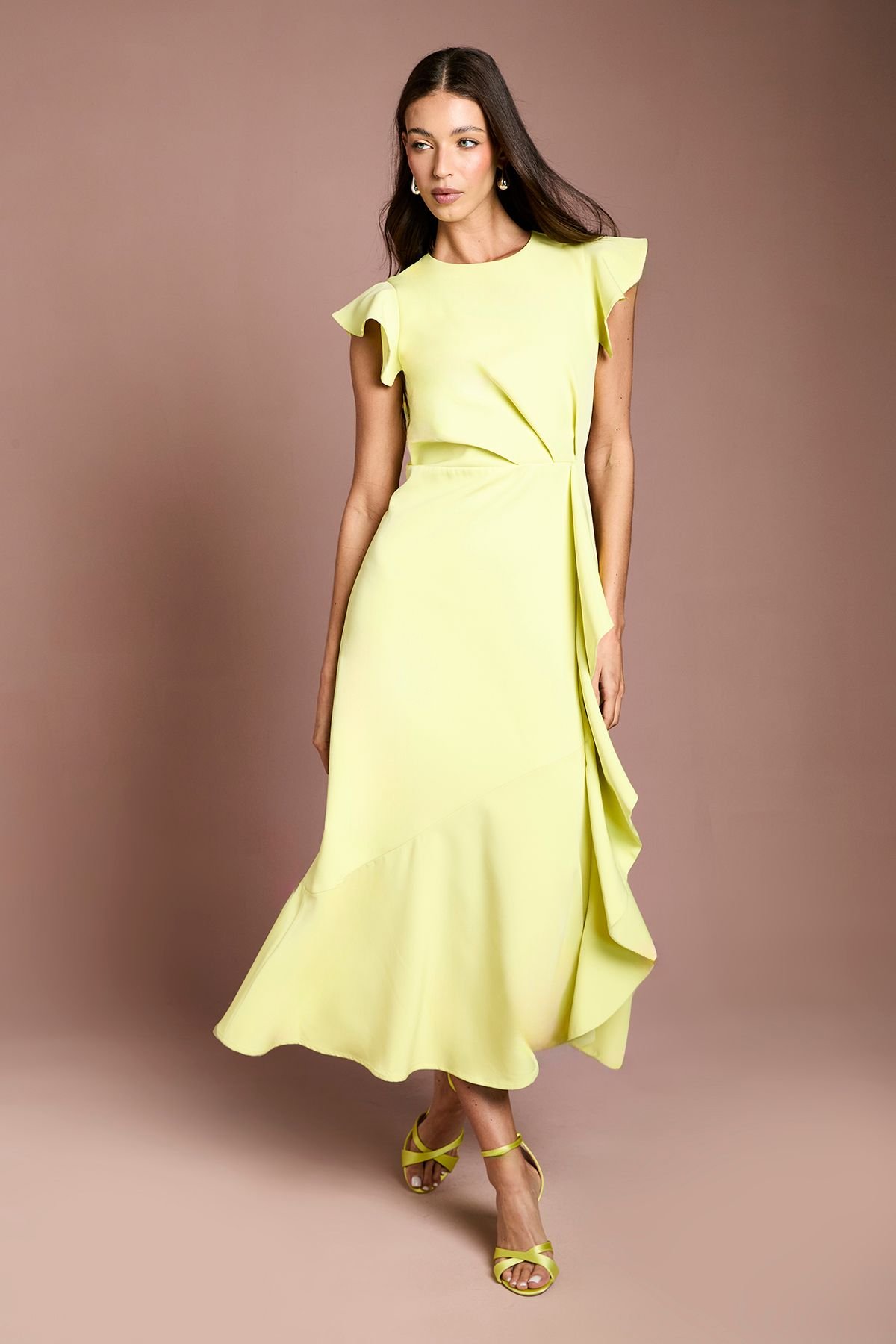 Coast Coast Women's Crepe Ruffle Detail Midi Dress in Chartreuse - 1