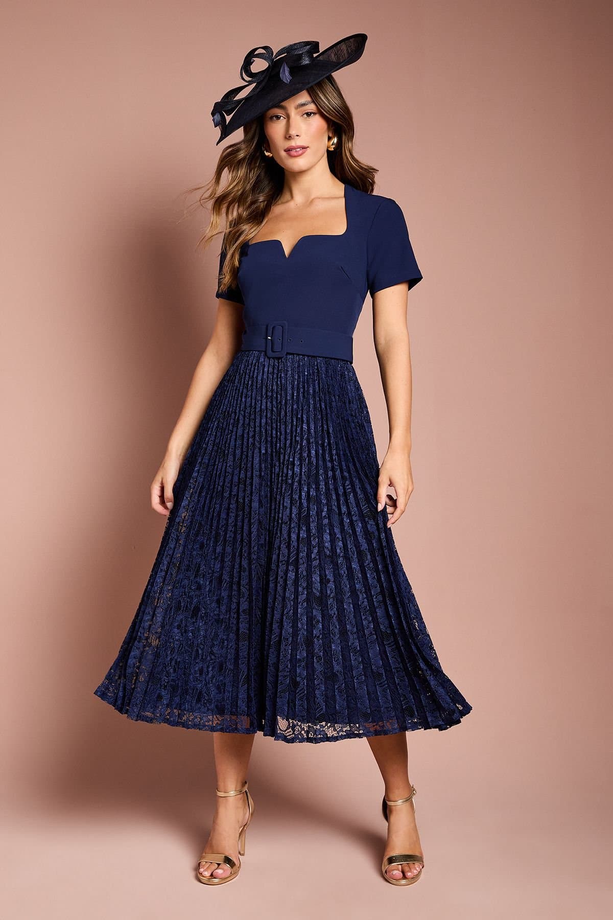 Coast Coast Women's Short Sleeve Crepe Midi Dress With Lace Pleated Skirt in Navy
