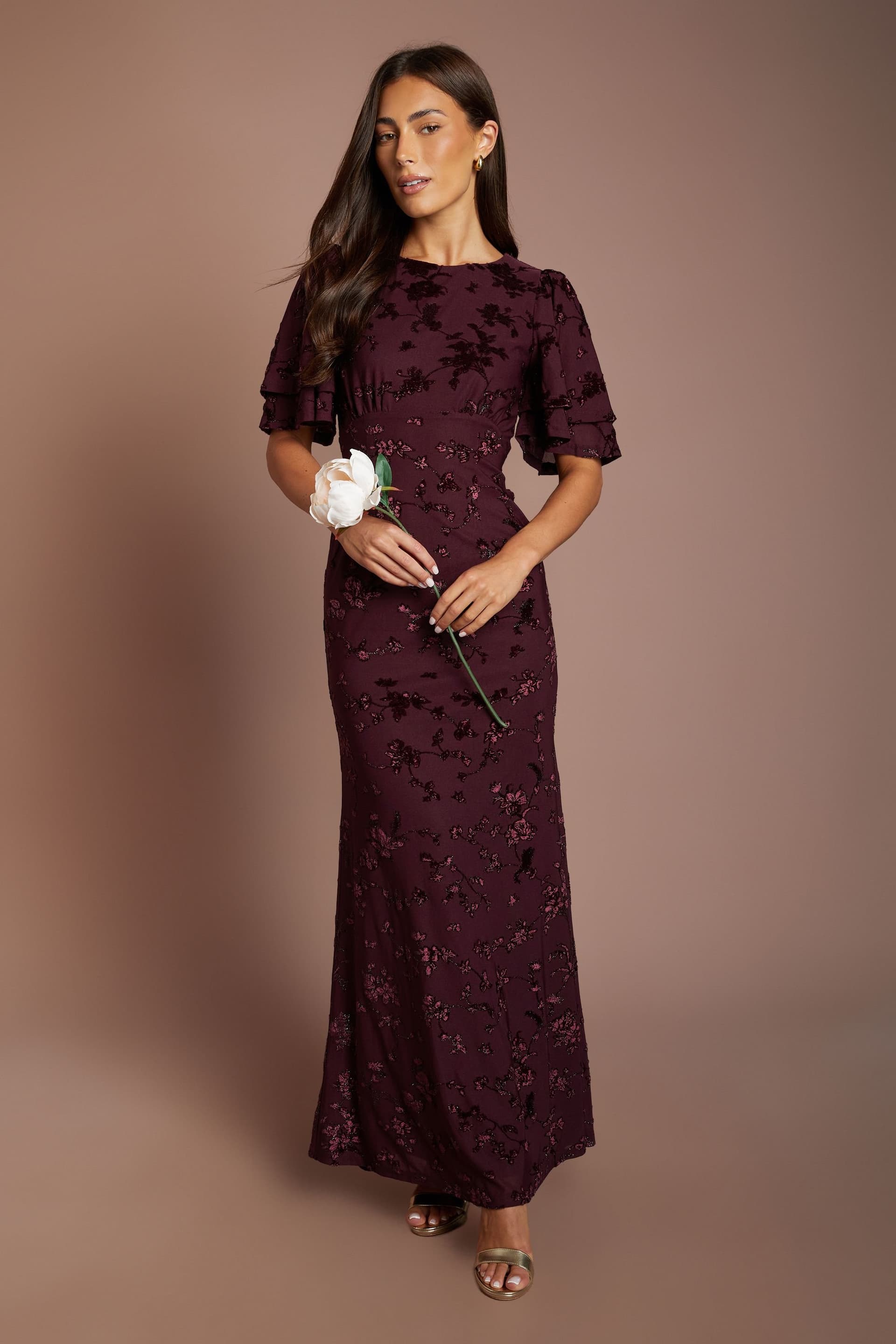 Coast Coast Women's Devore Mesh Angel Sleeve Bridesmaid Dress in Malbec